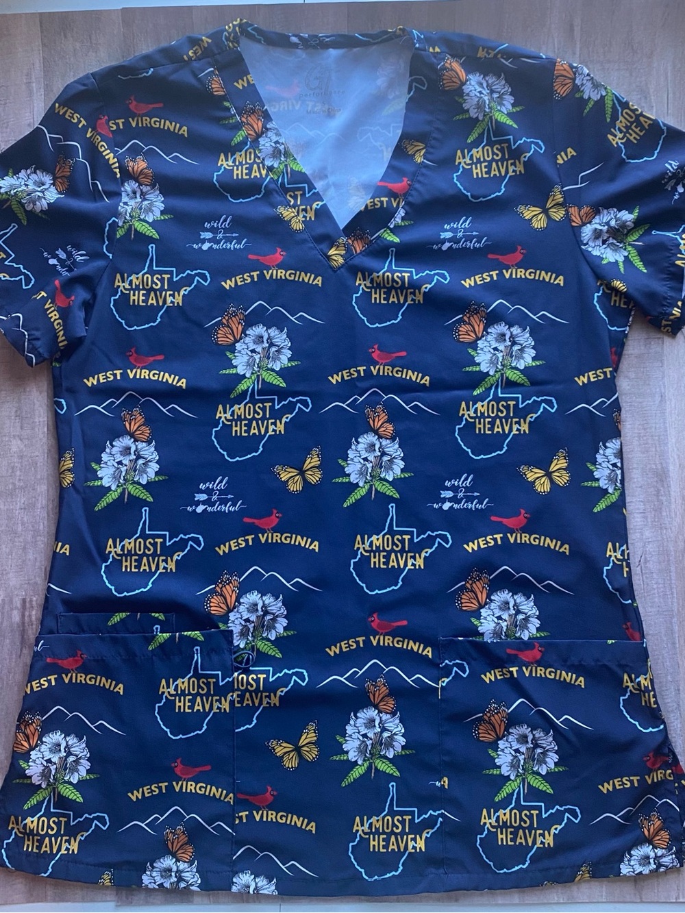 West Virginia Almost Heaven Scrub Top Size Small WV Day Cardinal Butterfly